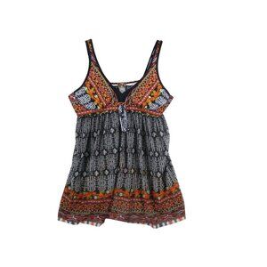 Tribal Print Tunic Swim Dress With Floral Accents & Tie Front Detail Size 2X